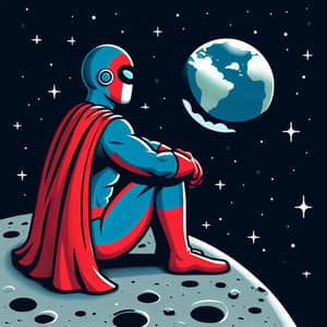 Peaceful Superhero Sitting on Moon, Gazing at Earth | Website Name