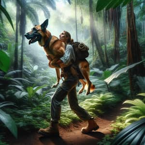 Muscular Dog Carrying Explorer Woman through Vibrant Tropical Forest