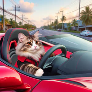 Cat Driving Red Luxury Sport Car