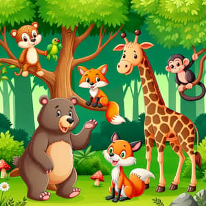 Lively Forest Scene with Bear, Fox, Giraffe, Monkey & Squirrel