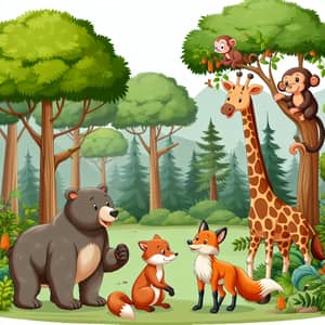 Friendly Forest Scene with Bear, Fox, Giraffe, Monkey, and Squirrel