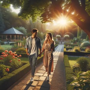 Tranquil Garden Walk with Diverse Couple | Peaceful Garden Scene