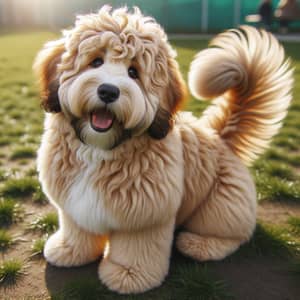 Furry Dog Sitting on Grassy Plot - Joyful and Colorful Companion