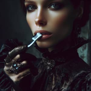 Gothic Inspired Close-Up Portrait of Woman with Toothbrush
