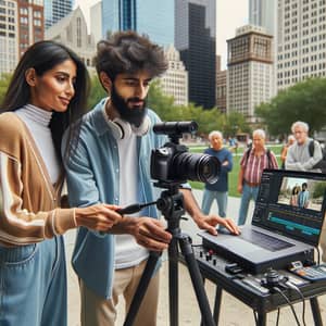 Urban Park IRL Streaming: Diverse Pair Prepares Live Video
