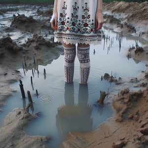Asian Girl with Embroidered Stockings in Swamp