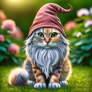 Unique Gnome-Cat Creature in Lush Green Garden
