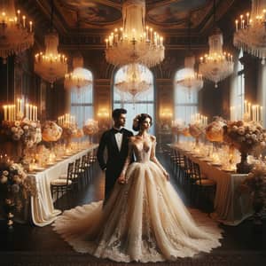 Vintage Glamour Wedding Scene with Multicultural Couple