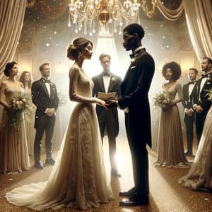 Vintage Glamour Wedding Scene with Interracial Couple Exchanging Vows