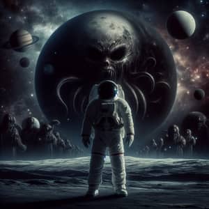 Eerie Astronaut in Space with Sinister Planets