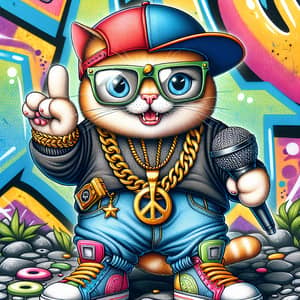 Cartoon Cat Rapper in Stylish Outfit | Hip-Hop Microphone Pose