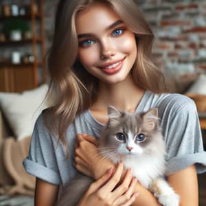 Girl with Blue Eyes Holding Cat | Cozy Homely Scene