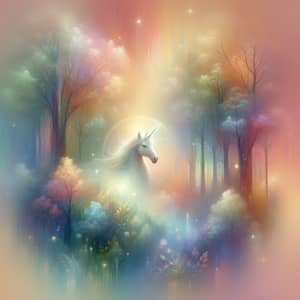 Mystical Forest with Ethereal Unicorn - Tranquil Fantasy Scene