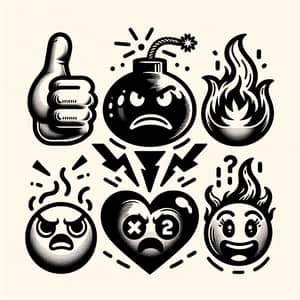 Minimalist Line Art Illustration: Thumbs-up, Thumbs-down, Angry Bomb, Burning Heart, Confused Question Mark