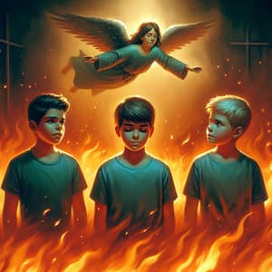 Angel Protects Three Calm Boys in Fiery Furnace