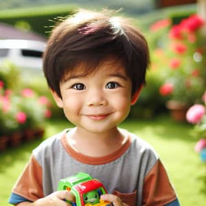 Innocent Joy: South Asian Boy Playing in Garden with Toy Car
