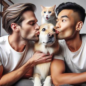 Diverse Descent Individual Kissing Dog with Surprised Cat Watching