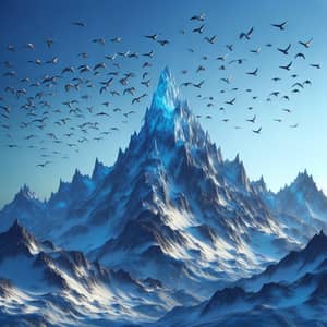 Majestic Snow-Covered Mountain and Diverse Birds in Flight