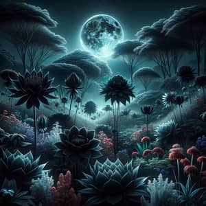 Enchanting Nocturnal Landscape: Dark Flora Blooming under Full Moon