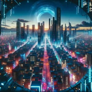 Futuristic Cityscape at Twilight: Vibrant Cyberpunk Metropolis