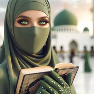 Elegant Muslim Woman in Green Niqab with Koran by Mosque