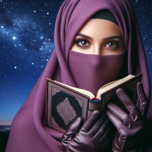 Beautiful Muslim Woman in Purple Niqab with Open Quran