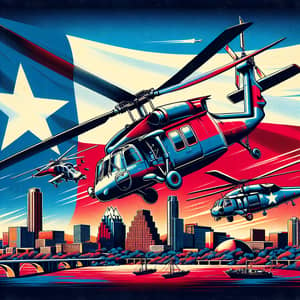 Texas State Flag and Austin Skyline with Helicopters