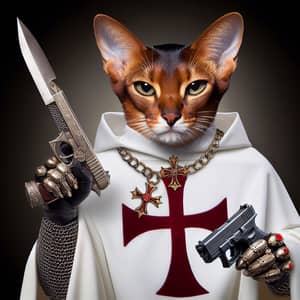 Abyssinian Cat in Medieval Armor with Sword and Gun