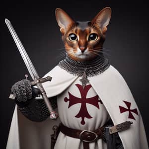 Abyssinian Cat Warrior in Chainmail Armor with Sword and Gun