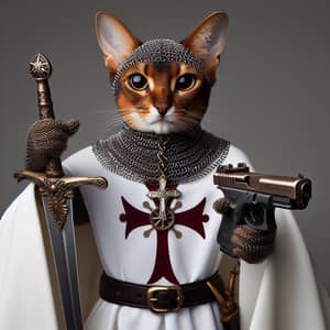 Abyssinian Cat Warrior in Chain Armor with Sword & Pistol