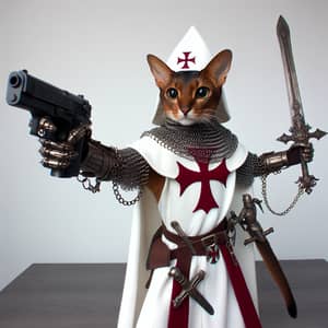 Majestic Abyssinian Cat Warrior in Templar Attire | Feline Fantasy Art