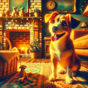 Playful Dog in Cozy Living Room - Impressionist Painting Style