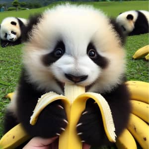 Cute Black and White Panda Enjoying a Banana on Grass Field
