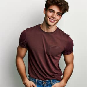 Friendly Young Man in Maroon T-Shirt and Blue Jeans