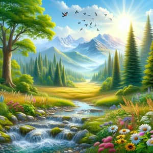Tranquil Landscape with Forest, Stream, Meadow & Mountains
