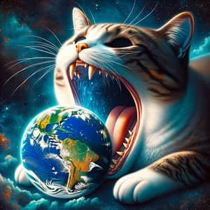 Fantastical Giant Cat Consuming Earth - Surreal Scene