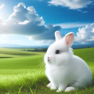 Cute White Rabbit on Green Grassland under Blue Sky