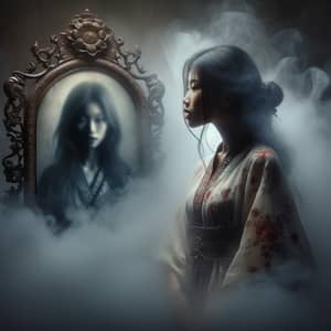 Asian Woman Enveloped in Mystical Fog | Antiquated Mirror Reflection