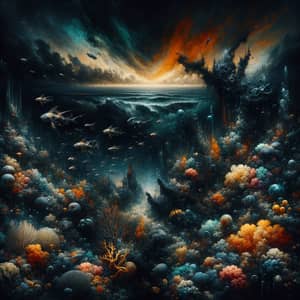 Dark and Eerie Underwater Scene with Gothic-Fantasy Style