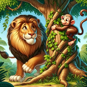Majestic Lion and Playful Monkey in Enchanting Jungle Scene