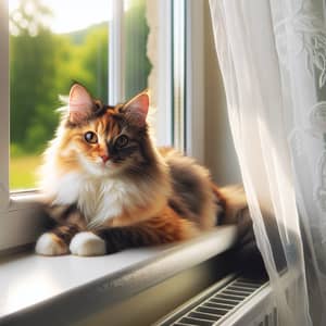 Fluffy Calico Cat Enjoying a Sunny Day on Window Sill