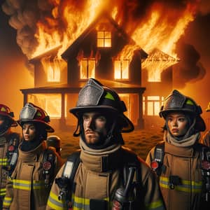 Intense House Fire Scene with Diverse Firefighters | Website Name
