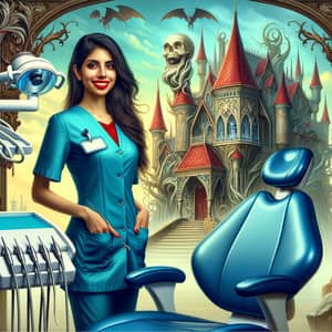 Hispanic Female Dentist with Castle Background - Fantasy & Dentistry