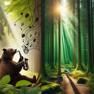 Brown Bear Playing Saxophone in Green Forest | Tranquil Nature Scene