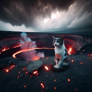 Eerie Cat at Volcanic Crater: Calm Amidst Lava Flow