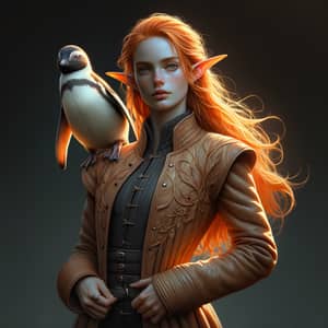 Serious Elf Woman with Orange Hair and Penguin
