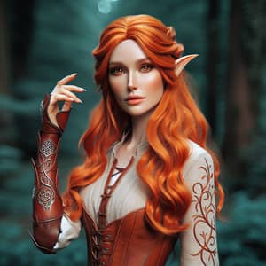 Stunning Elf Woman with Orange Hair in Light Leather Outfit