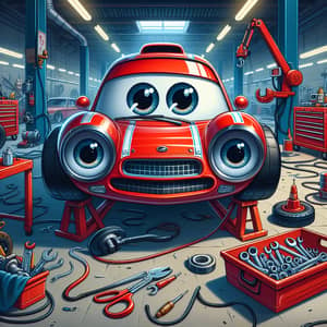 Expressive Red Racing Car in Disrepair | Garage Scene