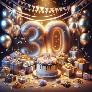 30th Anniversary Celebration Balloons, Cake & Presents