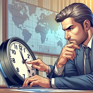 Male Entrepreneur Analyzing World Clock for Marketing Campaign Timing